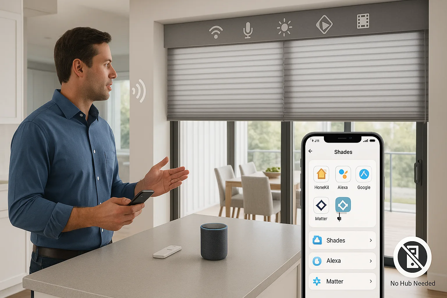 Voice and app control of smart blinds in a bright modern kitchen