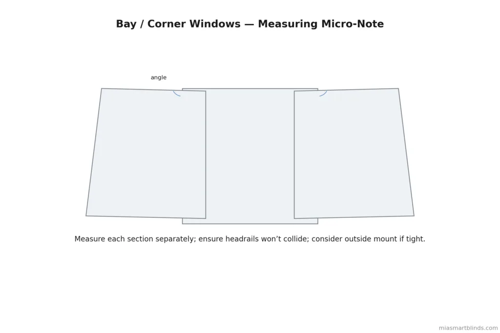 Bay and corner window measuring micro-note showing three angled panels with a small angle marker and guidance to measure each section separately, avoid headrail collisions, and use outside mount if space is tight