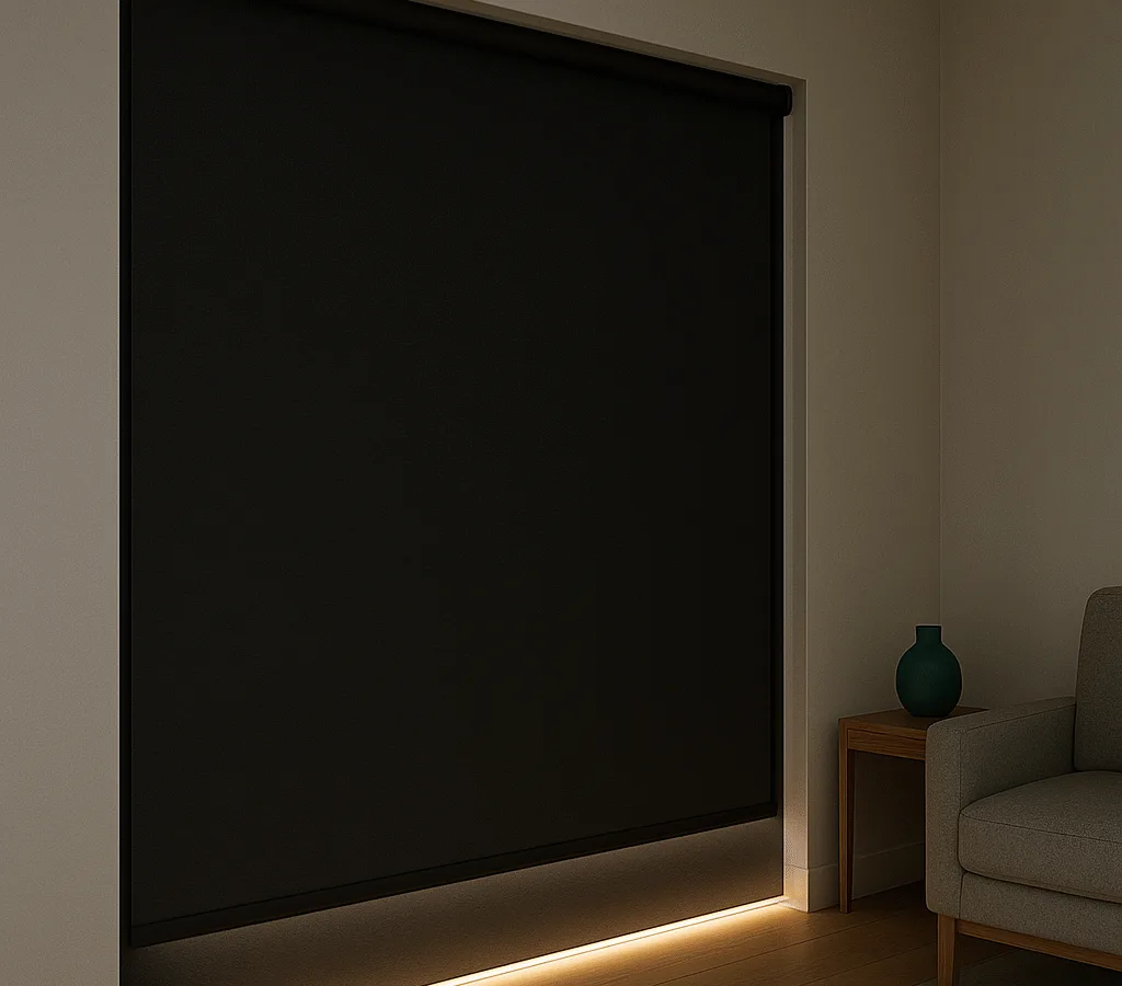 Charcoal blackout roller with light-blocking side channels, fully closed with zero light leaks; subtle LED strip glow nearby