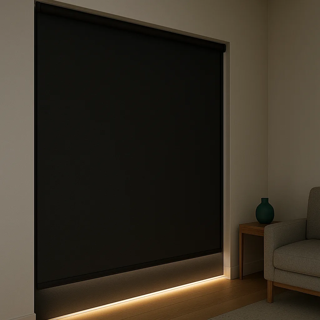 Charcoal blackout roller with light-blocking side channels, fully closed with zero light leaks; subtle LED strip glow nearby