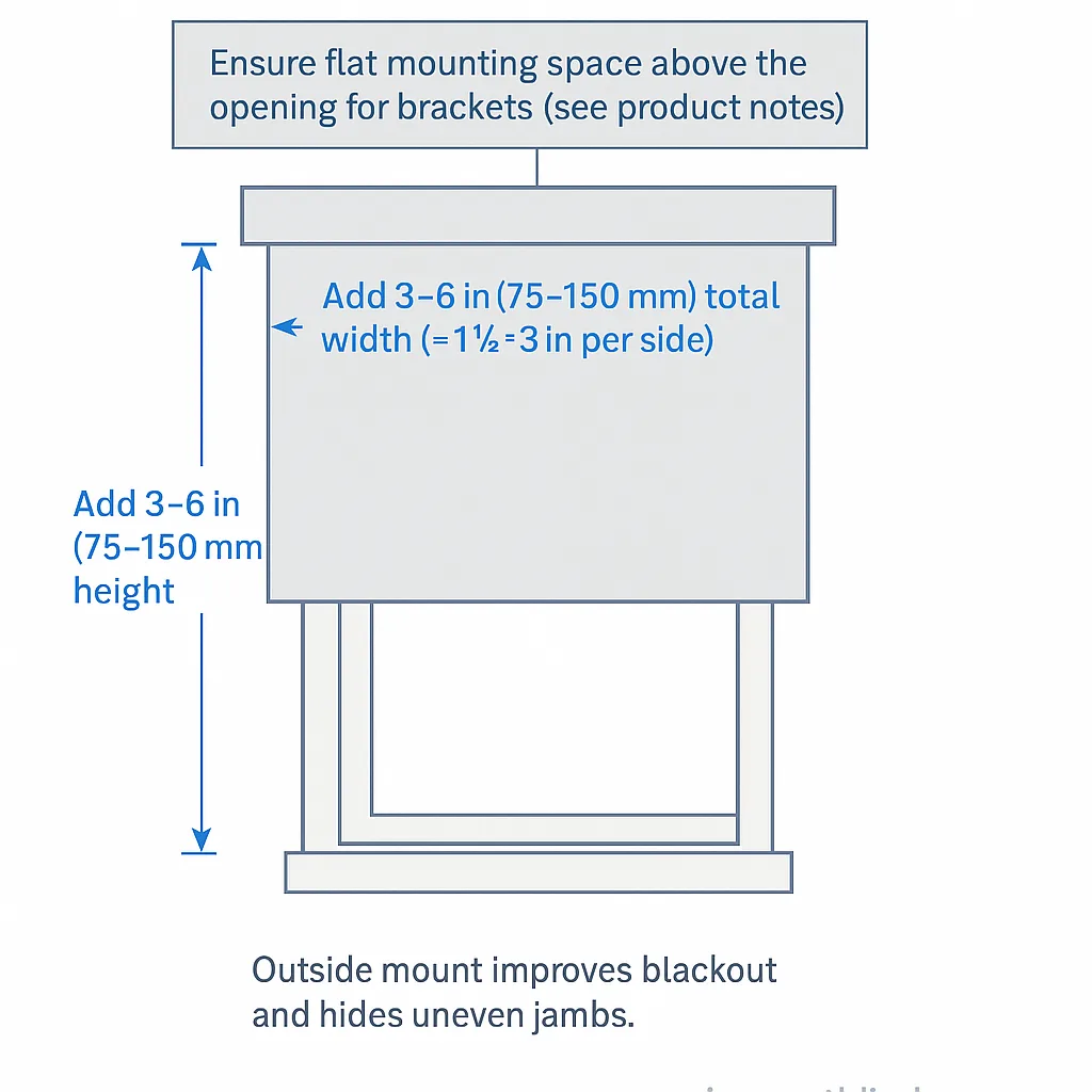 Outside mount: add 3–6 inches to width and height and verify flat space above for mounting
