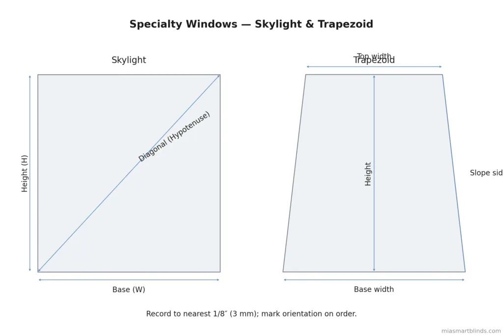 Specialty window measuring icons showing a skylight with Base (W), Height (H), and Diagonal (hypotenuse), and a trapezoid with Top width, Base width, Height, and Slope side, with a reminder to record to the nearest 1/8″ (3 mm)
