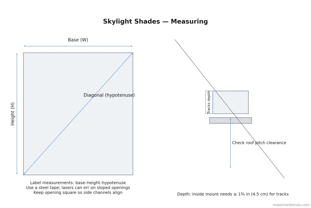 Skylight shades measuring diagram with front-view width/height/diagonal arrows, labeling guidance, a note to use steel tape on sloped openings, roof-pitch clearance check, and inside-mount track depth of ≥ 1¾ in (4.5 cm)