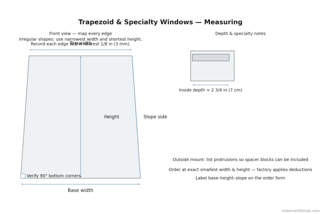 Trapezoid and specialty windows measuring diagram showing top/base width, height, slope side, 90° corner verification, ordering at the smallest width and height, inside-depth ≈ 2¾ in (7 cm) for valances, and a note to list protrusions for spacer blocks