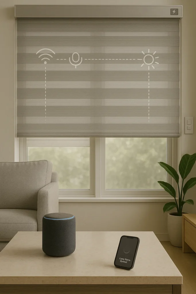Automated blinds filtering light in a calm living room with voice assistant nearby