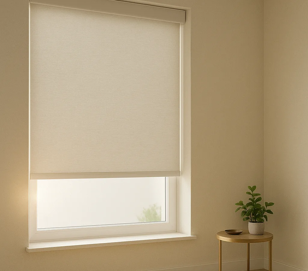 Matte roller shade lowered to 60% with slim cassette and clean hem bar; cordless, child-safe design on a neutral interior window.