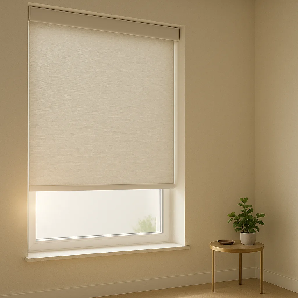 Matte roller shade lowered to 60% with slim cassette and clean hem bar; cordless, child-safe design on a neutral interior window.