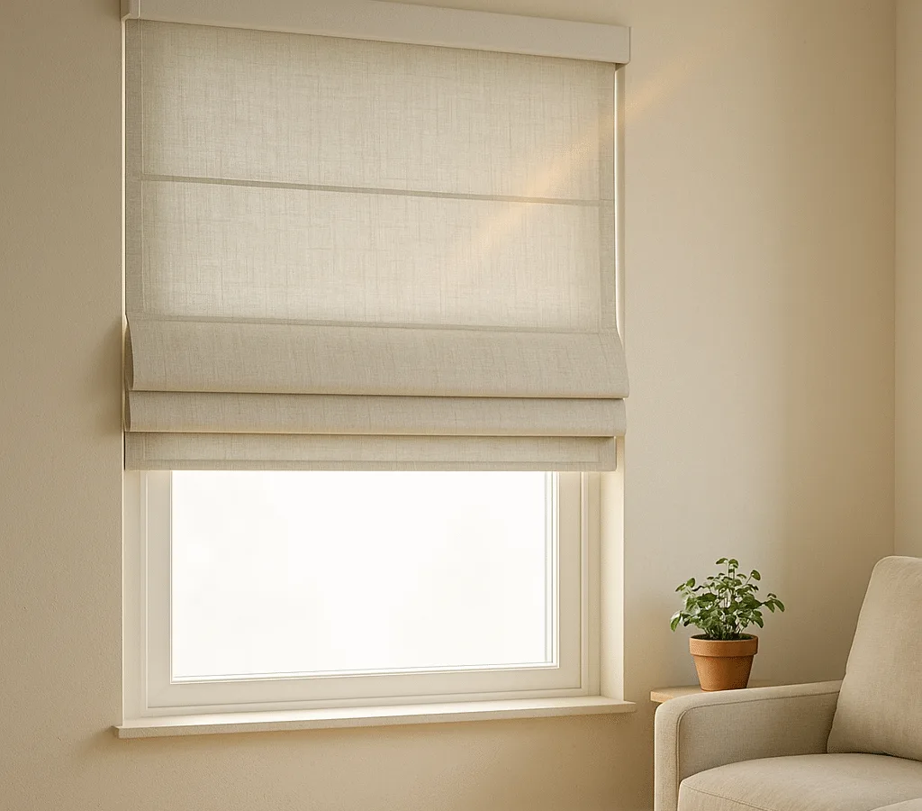 Tailored linen Roman shades with even pleats under a discreet motor fascia; straight-on view in a calm neutral living space.