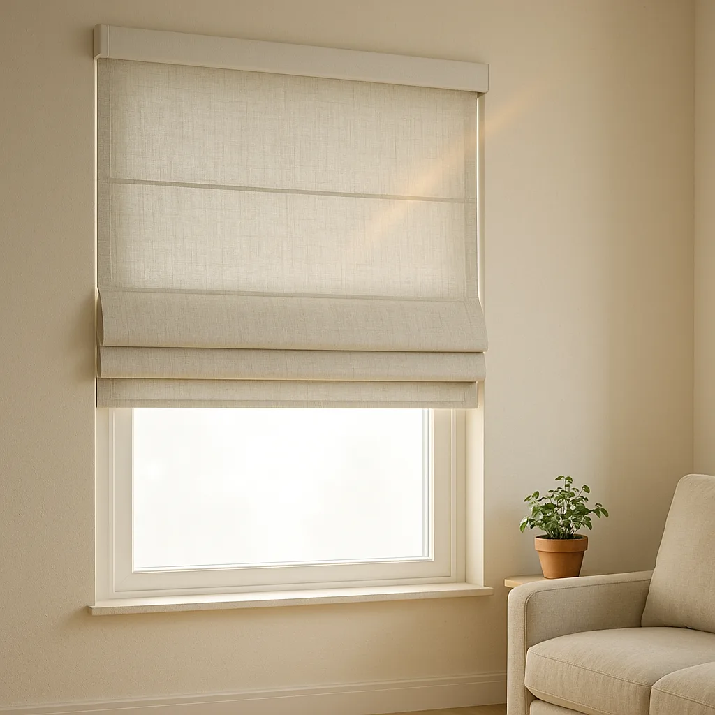 Tailored linen Roman shades with even pleats under a discreet motor fascia; straight-on view in a calm neutral living space.