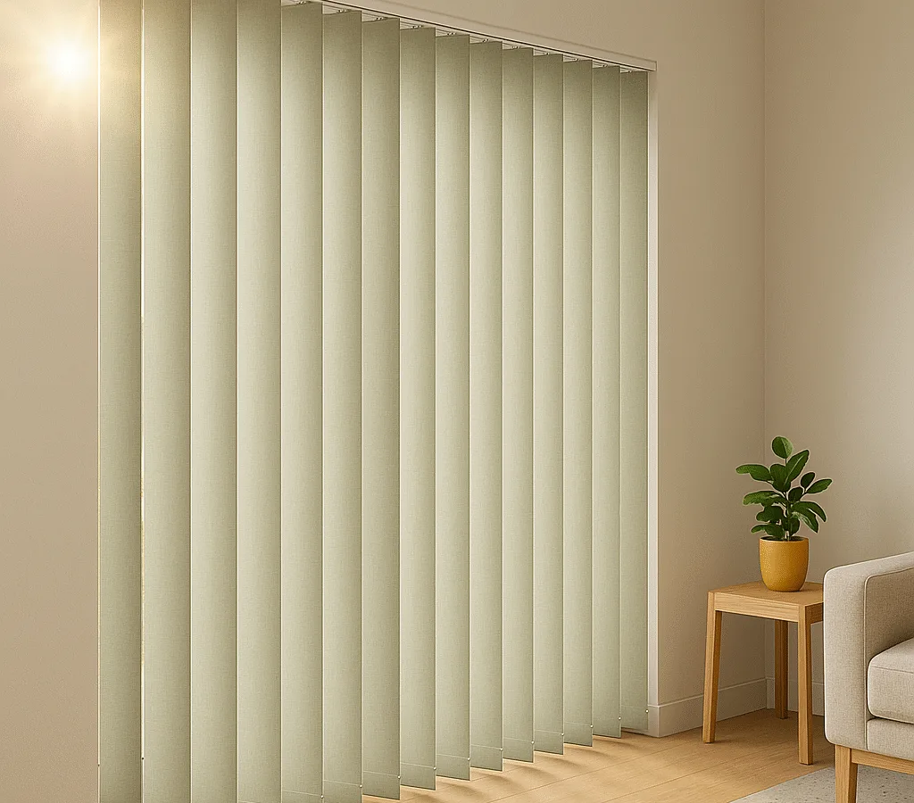 Sage vertical blinds span patio doors; chainless 89-mm vanes angled left→right; tidy headrail; terrazzo floor hint.
