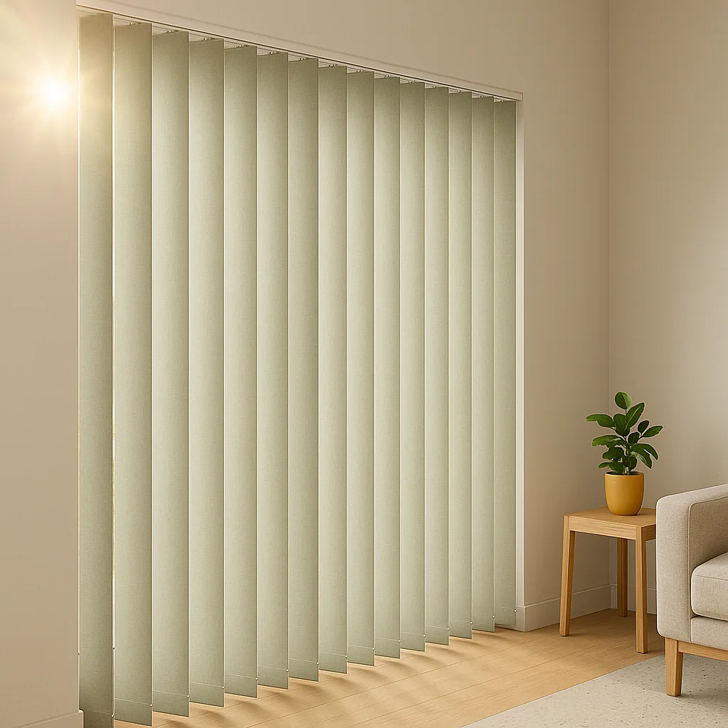Sage vertical blinds span patio doors; chainless 89-mm vanes angled left→right; tidy headrail; terrazzo floor hint.