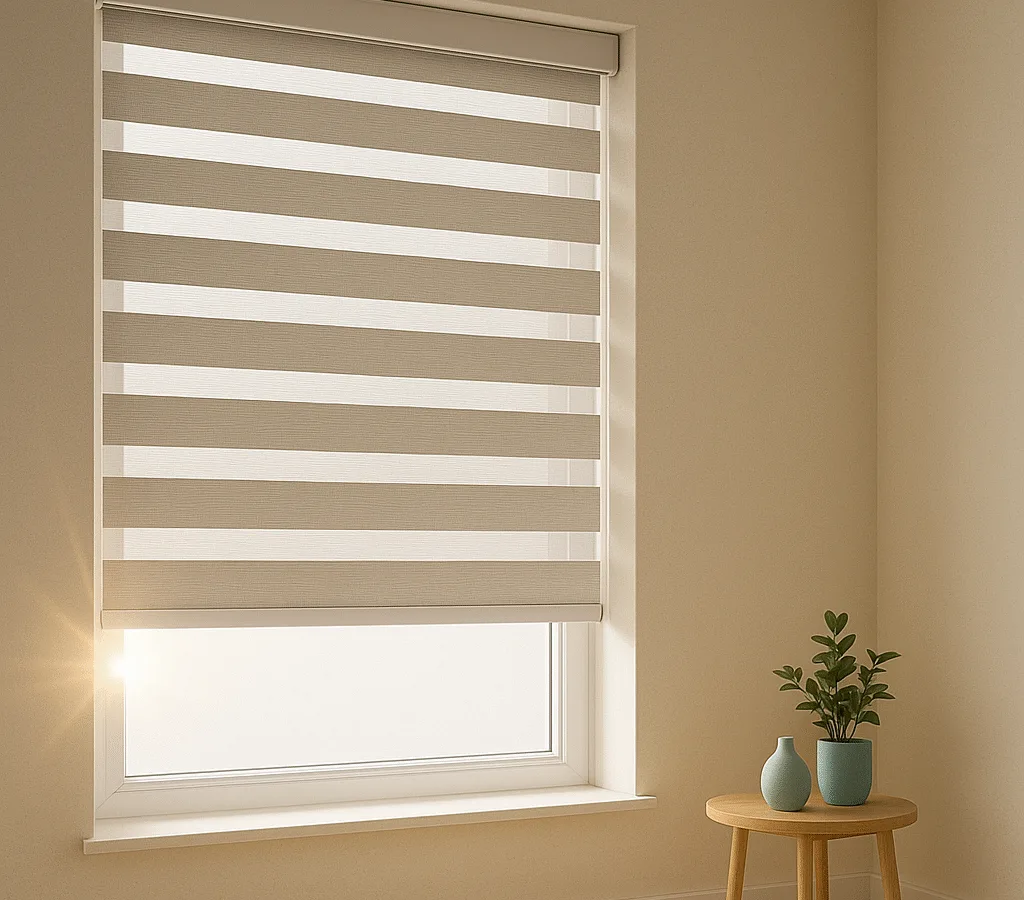 Zebra shades with alternating sheer and opaque stripes on a floor-to-ceiling window; cassette and hem bar visible.