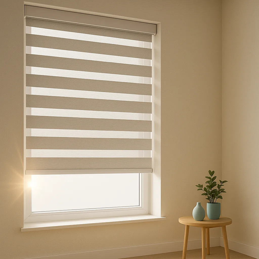 Zebra shades with alternating sheer and opaque stripes on a floor-to-ceiling window; cassette and hem bar visible.