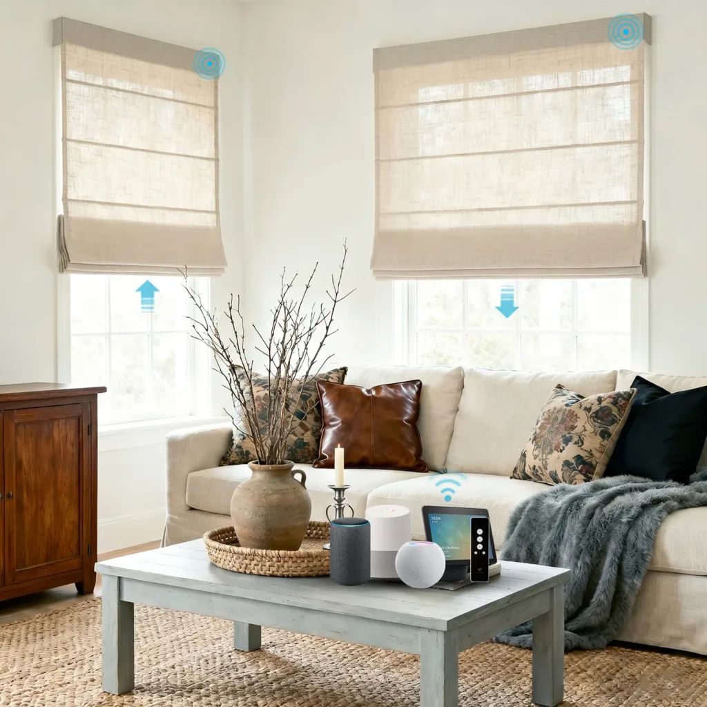Motorized Roman shades with remote control in Miami
